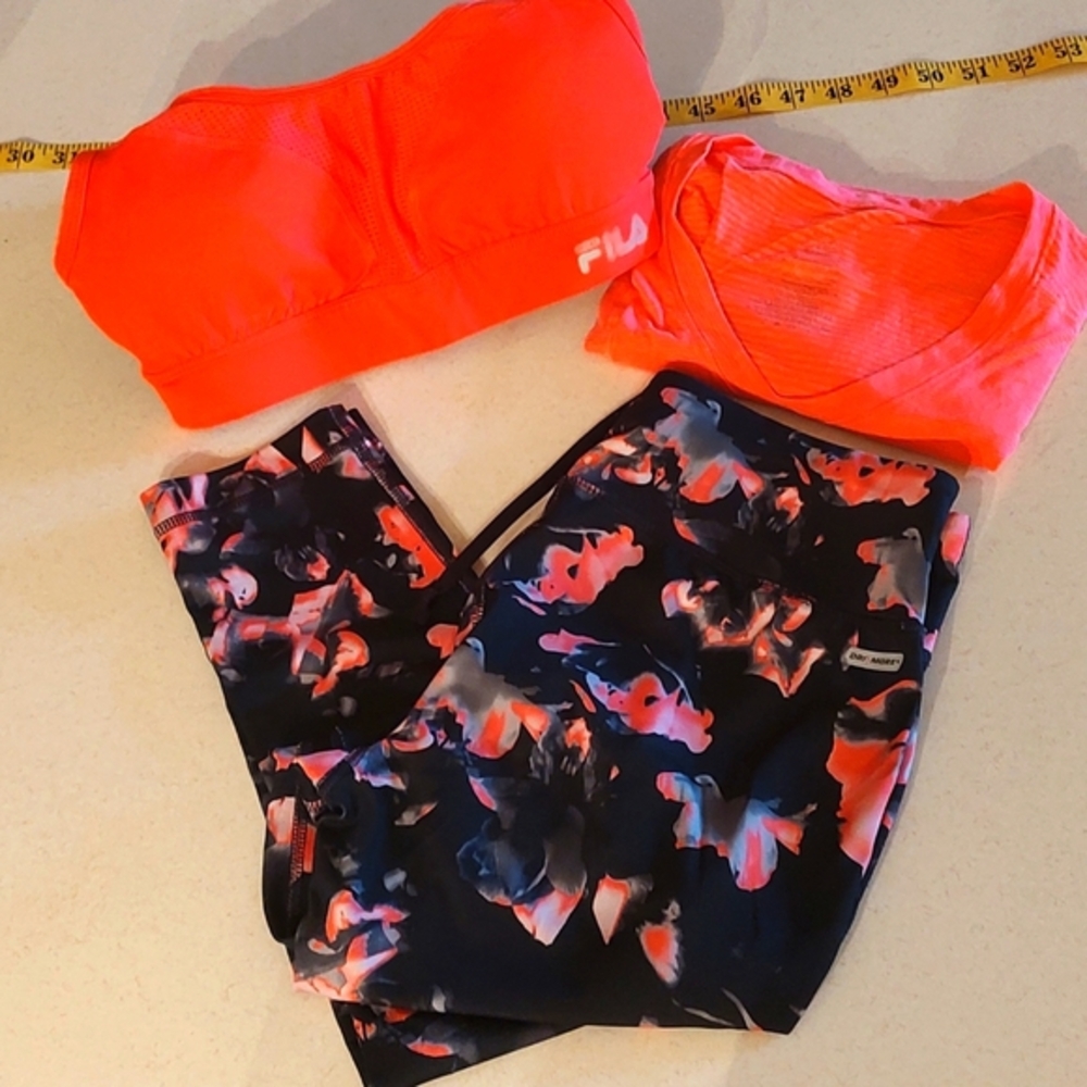 Danskin Black and Orange Bra, Shirt & High Waisted Tights Workout Set
